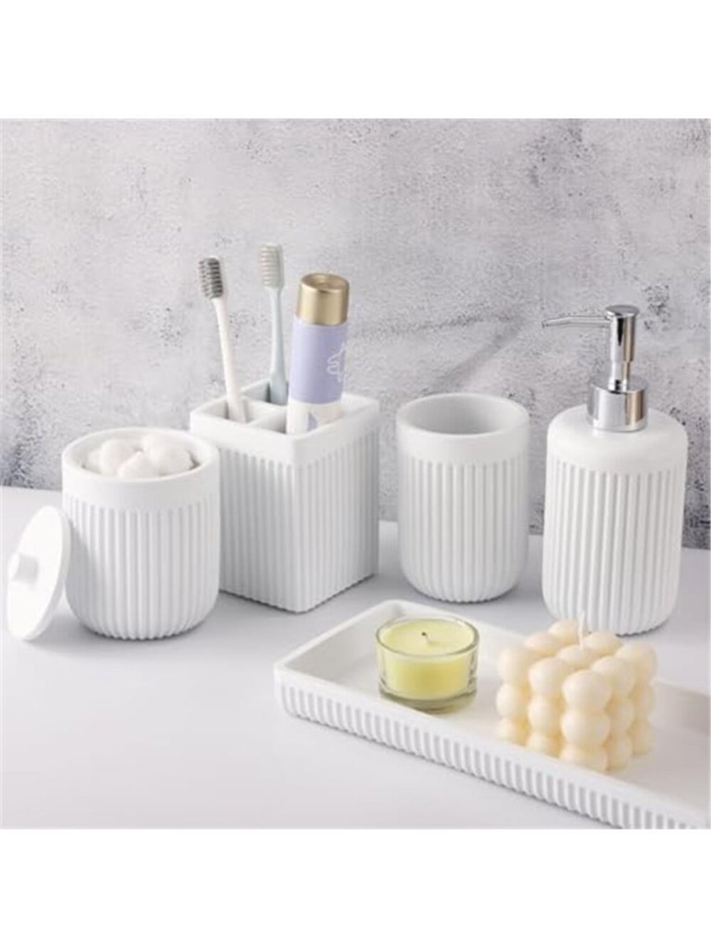 Bathroom Accessories Set 5 Piece Resin Soap Dispenser Toothbrush Holder Vanity